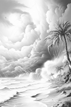 palm tree beach ominous storm tornado with dragons