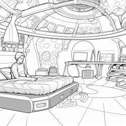 futuristic space house with glass ceiling and boy in bed