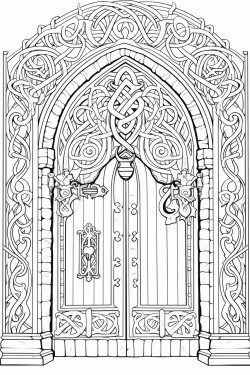 gothic style door with intricate patterns in the wood wrought iron bars and an eclectic door knocker
