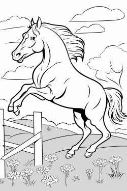 create a drawing of a beautiful horse jumping over an obstacle in a green meadow capture the horses dynamic posture in midair with a background of trees flowers and a blue sky use a light and colorful style with clear outlines to convey joy and freedom