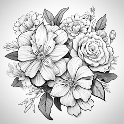 a coloring book page flower bouquet clean white background thick black outline no shadow no shading no grayscale