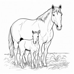 mare quarter horse out on a pasture with her colt eating grass