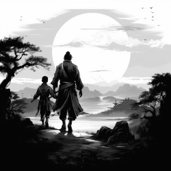 man and son walking into the sunset shadows portray samurai silhouette