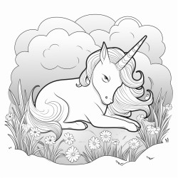 baby unicorn sleeping in a meadow with fog