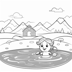 toddler swimming in the swimming pool with lane lines and some floaters around the backdrop is a mountain and trees