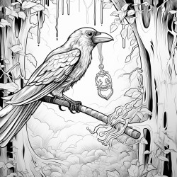 a raven flying through a dark forest carrying a key in its beak
