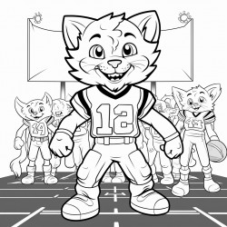 bobcat mascot football player on football field with bobcat mascot cheerleaders
