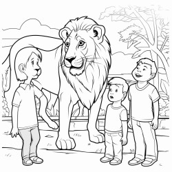 a group of children at the zoo looking at the lions