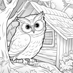 a extreme closeup of a wise old owl threequarter view to the left in a cozy treehouse interior