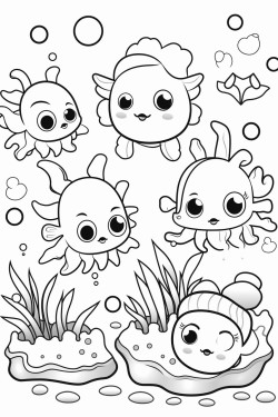 kawaii style fondo del mar con peces algas etc