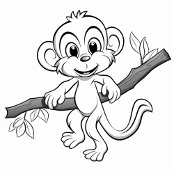 generate a coloring page of a cute cartoon monkey swinging from a tree branch