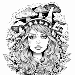 trippy girl with mushrooms in her hair psychedelic style with cannabis leafs