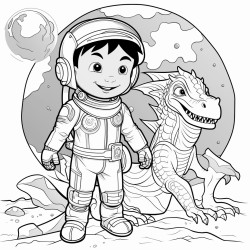 a brave astronaut exploring a mysterious planet with a giant dragon