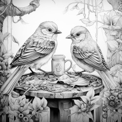 singing bluebirds drink freshly brewed coffee at a breakfast table in a forested magical woodland near their nest