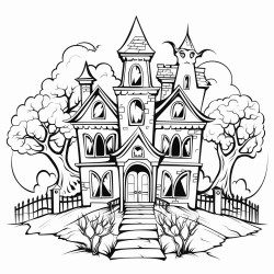 a haunted mansion with spooky characters