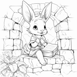 elf with book looks quizzical stone wall rabbit