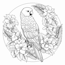 a parakeet with flowers and berries in mandala style