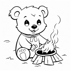 a cute bear cub roasting marshmallows by a campfire black and white outline leaving space for kids to color
