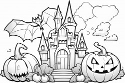 halloween coloring page with 5 items including a dragon castle pumpkin and candy bag