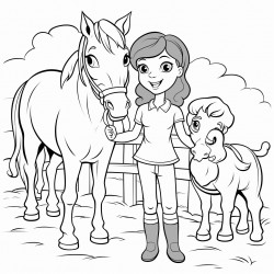 horses with youngbgirl on a farm