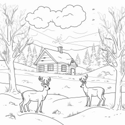 winter scene include a snowman a deer a house and snow falling from the sky do not make it too cluttered