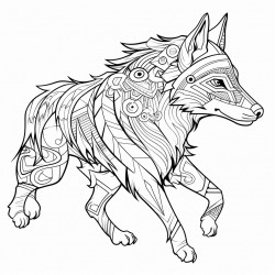 wolf running with headdress made from geometric designs and swirls like a tattoo