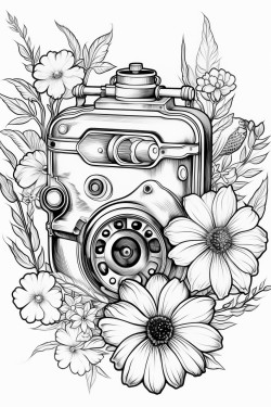 old school steam punk camera with flowers around it