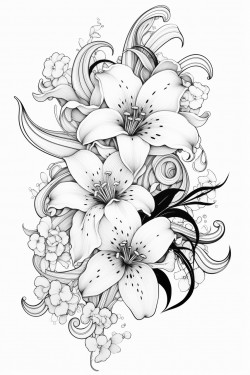 lilies orchids and cherry blossoms in the shape of an s