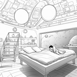 futuristic space bedroom with glass ceiling and boy in bed