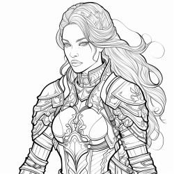stern woman with tight straight ponytail in leather armor no pupils