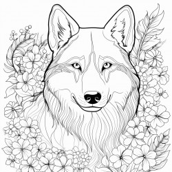 a husky dog in front of flowers and treea