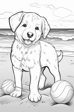 puppy at the beach playing with a ball