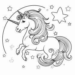 a unicorn with a starry mane and tail floating on a crescent moon