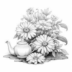 daisy on stem with 3 leaves laying next to one teapot  no other flowers