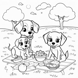 picnic scene in the park with sandwiches fruits and playful puppies