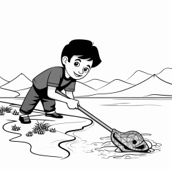 a boy using a rake to pick up a snake in a lake