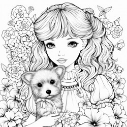 beautiful doll with flowers flowing hair ribbons with a cute scottish terrier and patterdale terrier
