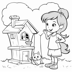 create a color sheet with a girl standing next to a tree with a birdhouse with a squirrel on it