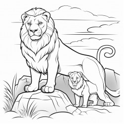a lion and a lioness standing on a big rock
