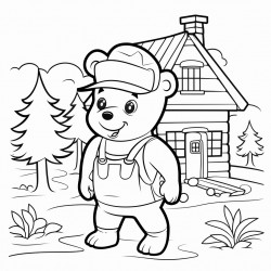 bold and easy a cartooning farmer bear wearing a hat and shoes trees house