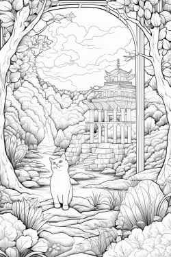 a geometic flowing fantasy garden in an eerie forest with a cat over looking a lake on top of a boulder