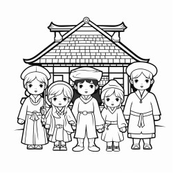 korean hanok with jackolanters and kids in halloween costumes