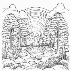 a magical forest landscape with a rainbow