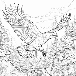 a eagle flying through a dark forest carrying a key in its beak