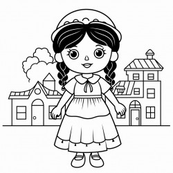 simple mexican doll with a village background coloring page for a kindergarden very simple not a complex image