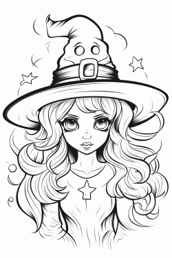 outline art for cute halloween coloring page with witch white background sketch style