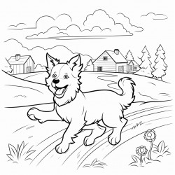 a dog running on a farm with nature in the surroundings