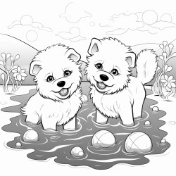 two samoyeds playing with ball in the water while fishes are around