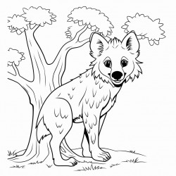 hyena hiding behind a tree