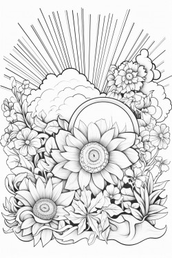 a rainbow with flowers and sunshine